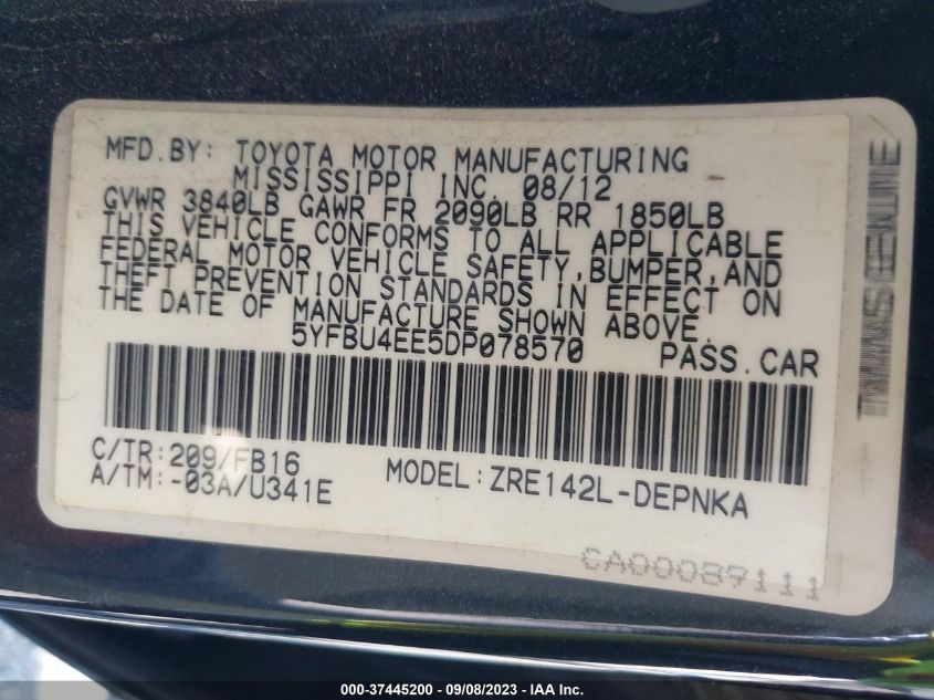 2013 TOYOTA COROLLA L/LE/S - 5YFBU4EE5DP078570