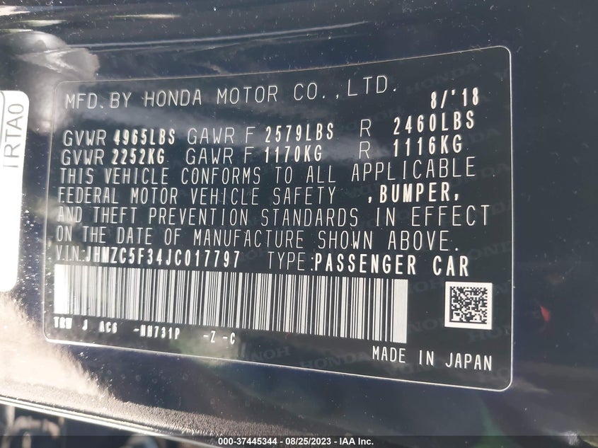 VIN JHMZC5F34JC017797 2018 HONDA CLARITY PLUG-IN HYBRID TOURING
