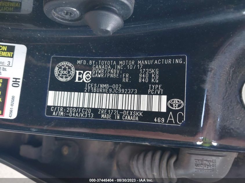 2018 TOYOTA COROLLA L/LE/XLE/SE/XSE - 2T1BURHE9JC992373