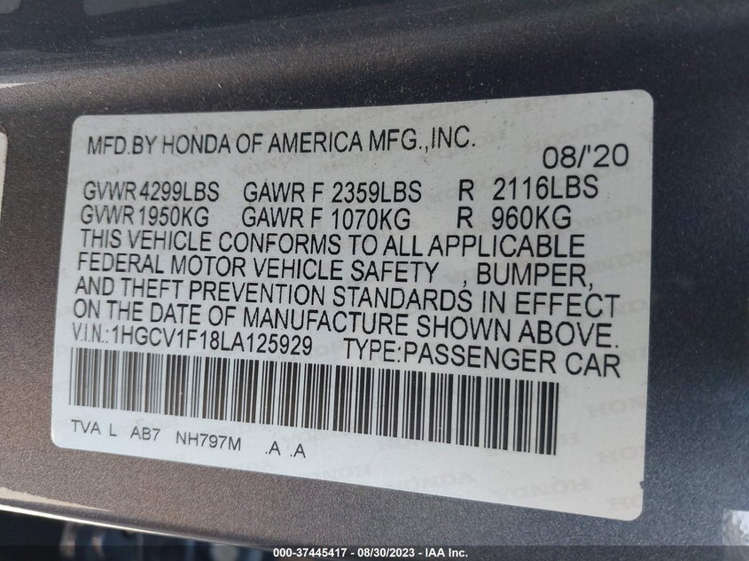 VIN 1HGCV1F18LA125929 2020 HONDA ACCORD SEDAN LX