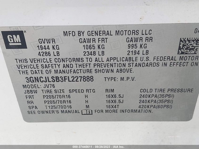 2015 CHEVROLET TRAX LT - 3GNCJLSB3FL227888