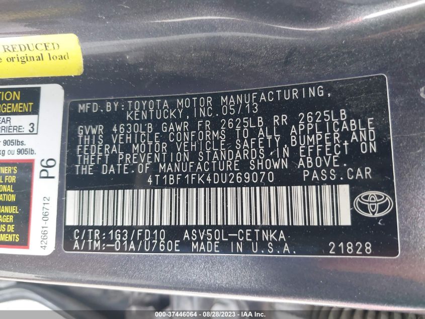 2013 TOYOTA CAMRY L/LE/SE/XLE - 4T1BF1FK4DU269070