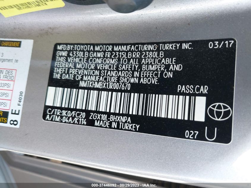 2018 TOYOTA C-HR XLE/XLE PREMIUM - NMTKHMBX1JR007670