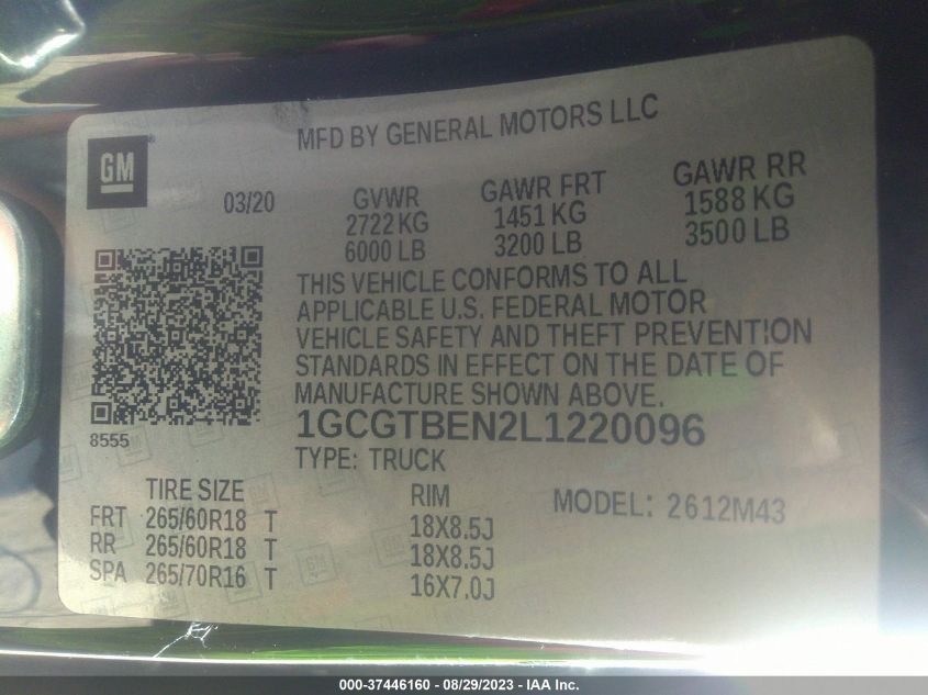 2020 CHEVROLET COLORADO 4WD WORK TRUCK - 1GCGTBEN2L1220096