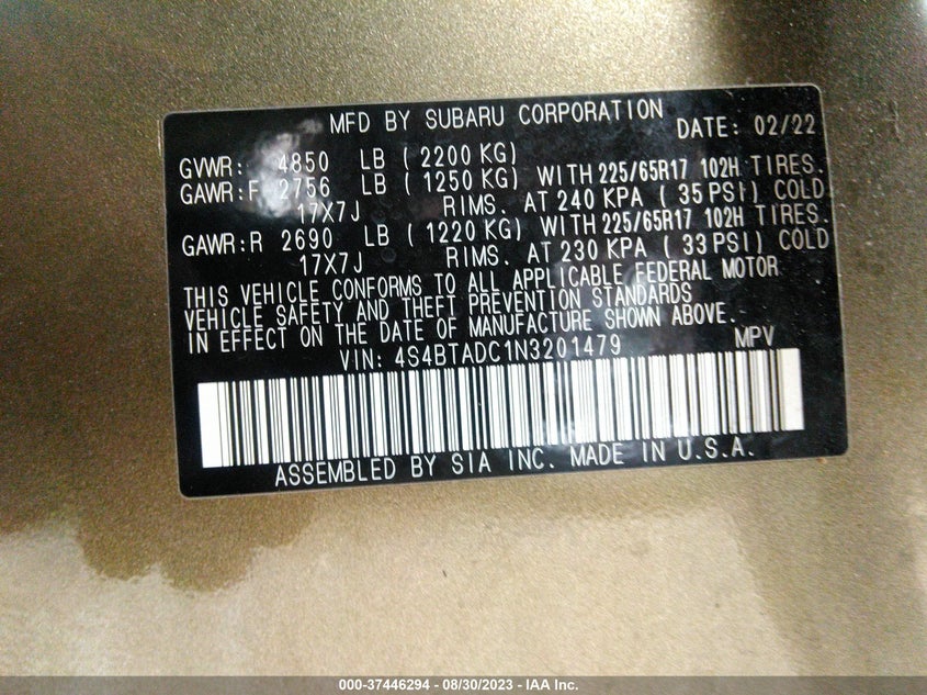 VIN 4S4BTADC1N3201479 2022 SUBARU OUTBACK PREMIUM