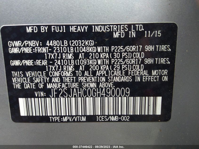 2016 SUBARU FORESTER 2.5I LIMITED - JF2SJAHC0GH490009