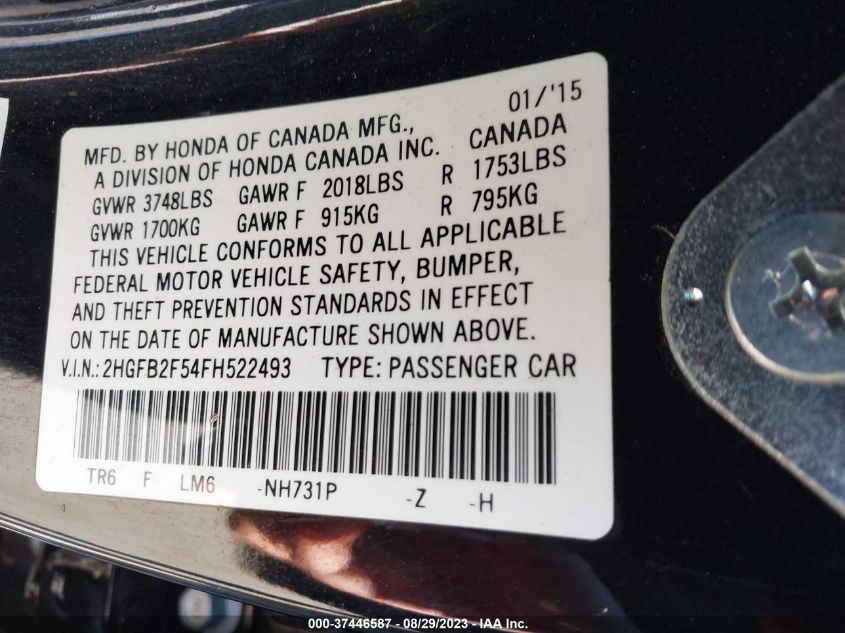 2015 HONDA CIVIC SEDAN LX - 2HGFB2F54FH522493
