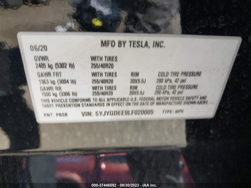 VIN 5YJYGDEE9LF020005 2020 TESLA MODEL Y