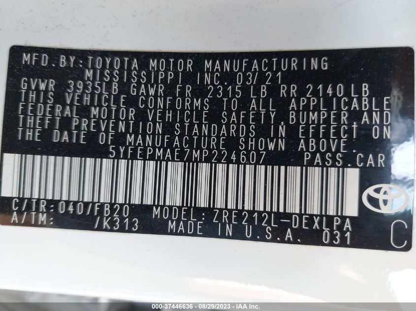 2021 TOYOTA COROLLA LE - 5YFEPMAE7MP224607