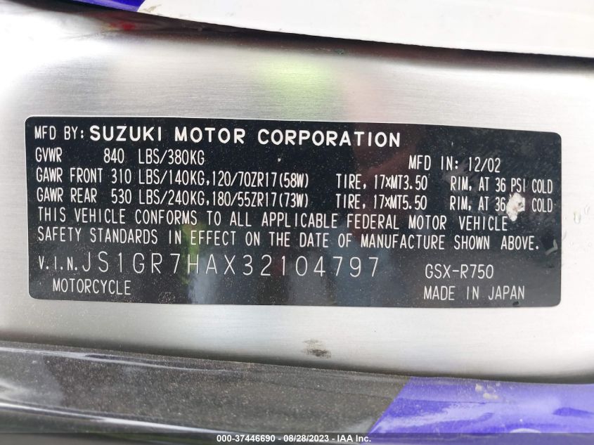 2003 SUZUKI GSX-R750 - JS1GR7HAX32104797