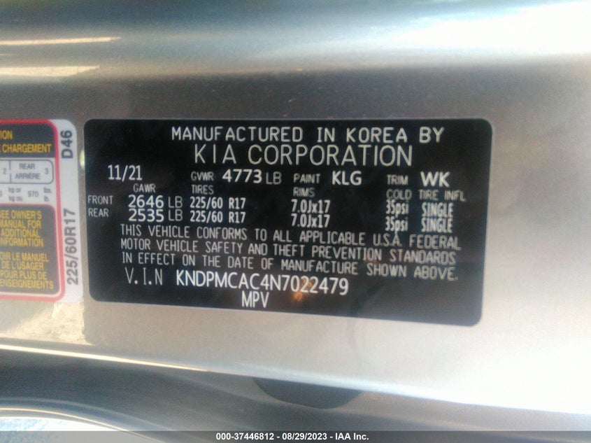 VIN KNDPMCAC4N7022479 2022 KIA SPORTAGE LX