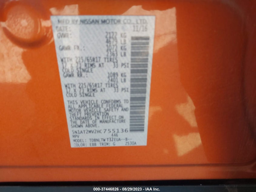 VIN 5N1AT2MV2HC755136 2017 NISSAN ROGUE SV/SL