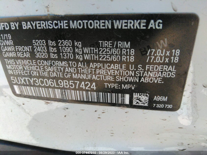 VIN 5UXTY3C06L9B57424 2020 BMW X3 SDRIVE30I