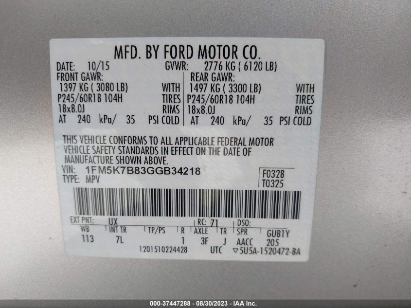2016 FORD EXPLORER BASE - 1FM5K7B83GGB34218