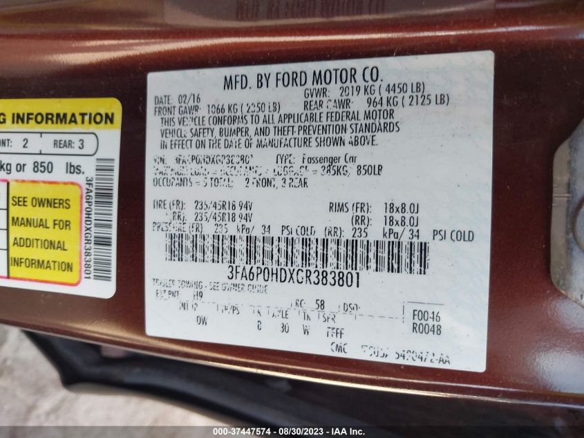 2016 FORD FUSION SE - 3FA6P0HDXGR383801