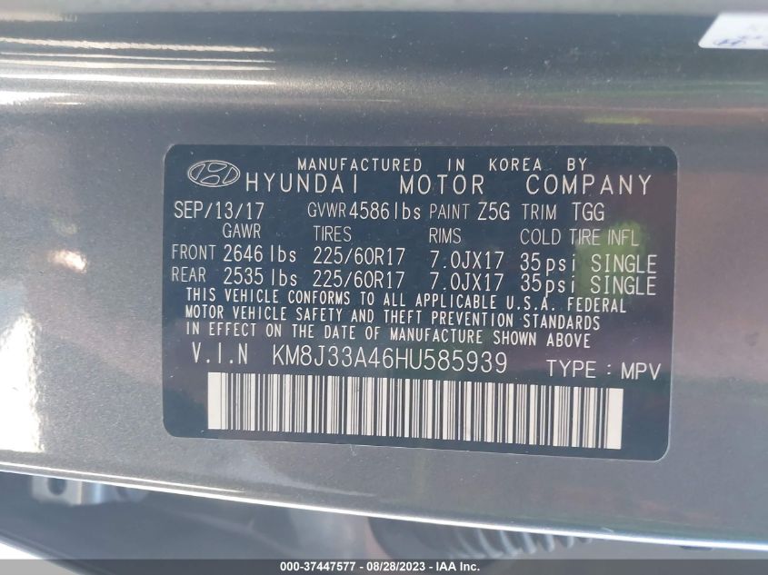2017 HYUNDAI TUCSON LIMITED/SPORT AND ECO/SE - KM8J33A46HU585939