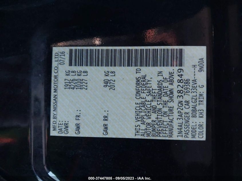 2016 NISSAN ALTIMA 2.5 S - 1N4AL3AP2GN382849