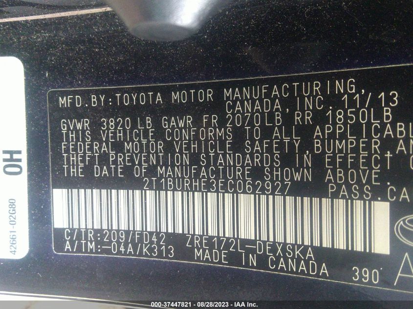2014 TOYOTA COROLLA L/LE/S/S PLUS/LE PLUS - 2T1BURHE3EC062927
