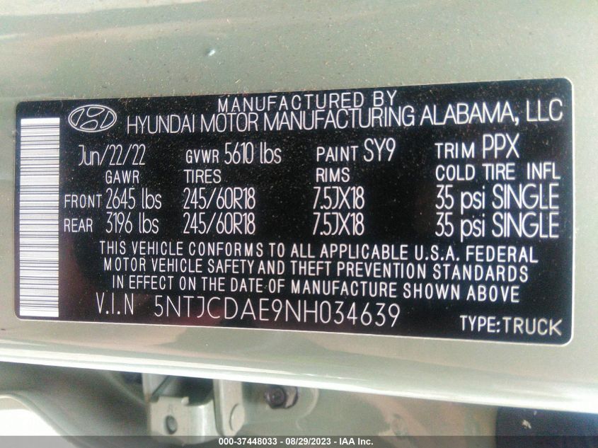 2022 HYUNDAI SANTA CRUZ SEL 5NTJCDAE9NH034639