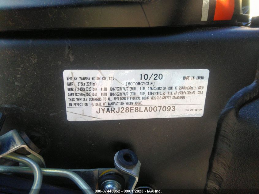 2020 YAMAHA YZFR6 JYARJ28E8LA007093