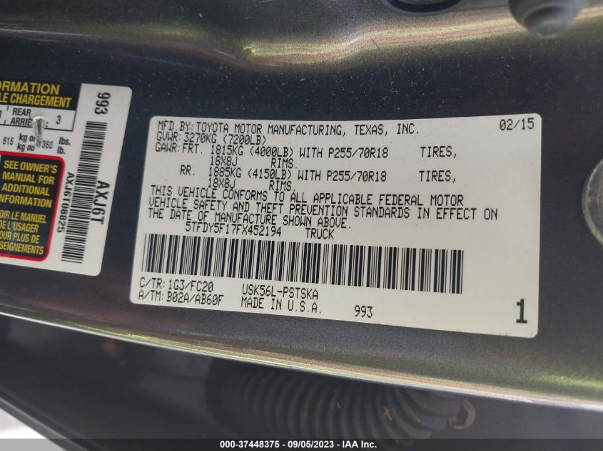 2015 TOYOTA TUNDRA 4WD TRUCK SR5/TRD PRO 5TFDY5F17FX452194