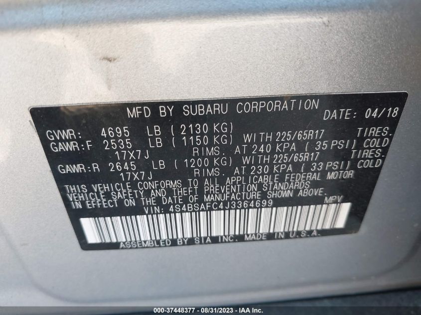 2018 SUBARU OUTBACK 2.5I PREMIUM - 4S4BSAFC4J3364699