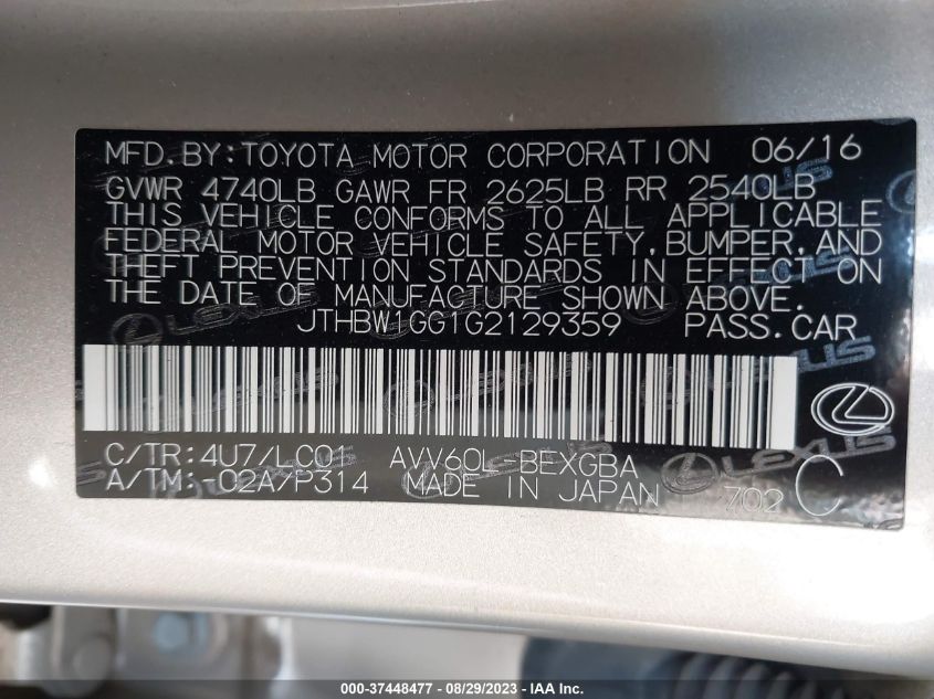 2016 LEXUS ES 300H HYBRID JTHBW1GG1G2129359