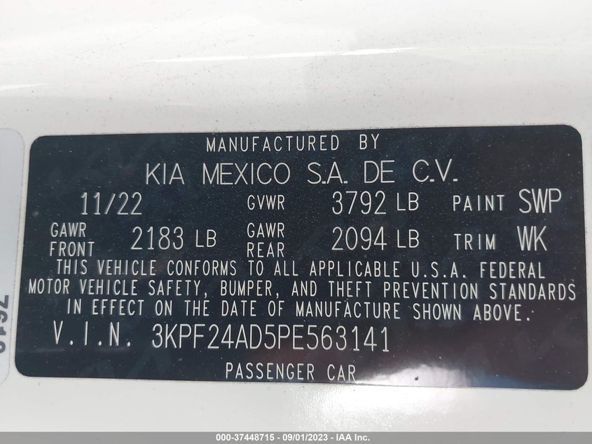 VIN 3KPF24AD5PE563141 2023 KIA FORTE LXS