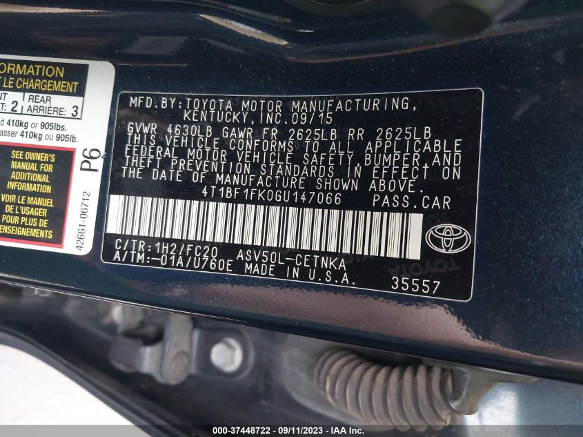 2016 TOYOTA CAMRY XLE/SE/LE/XSE - 4T1BF1FK0GU147066