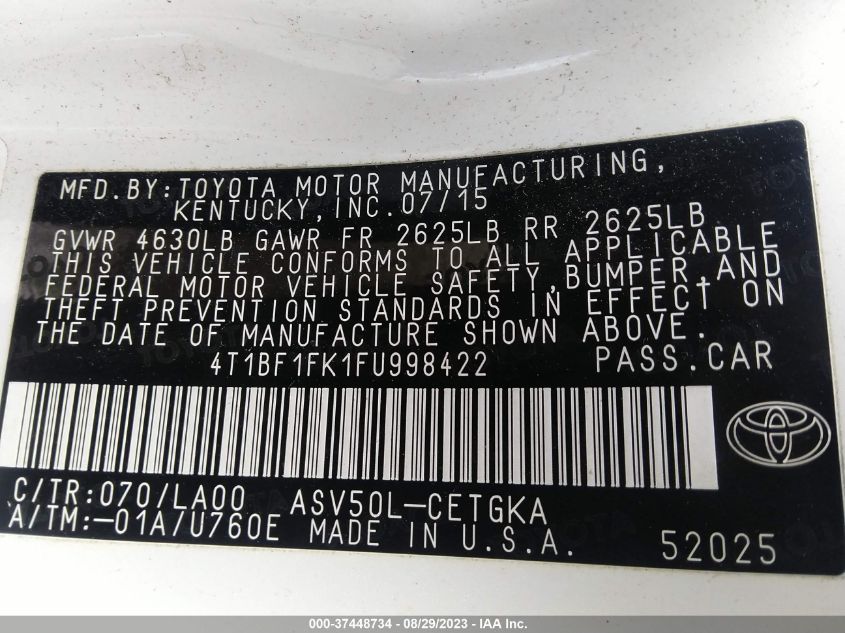 2015 TOYOTA CAMRY XLE/SE/LE/XSE - 4T1BF1FK1FU998422