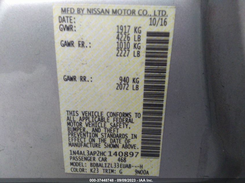2017 NISSAN ALTIMA 2.5/S/SV/SL/SR - 1N4AL3AP2HC140897