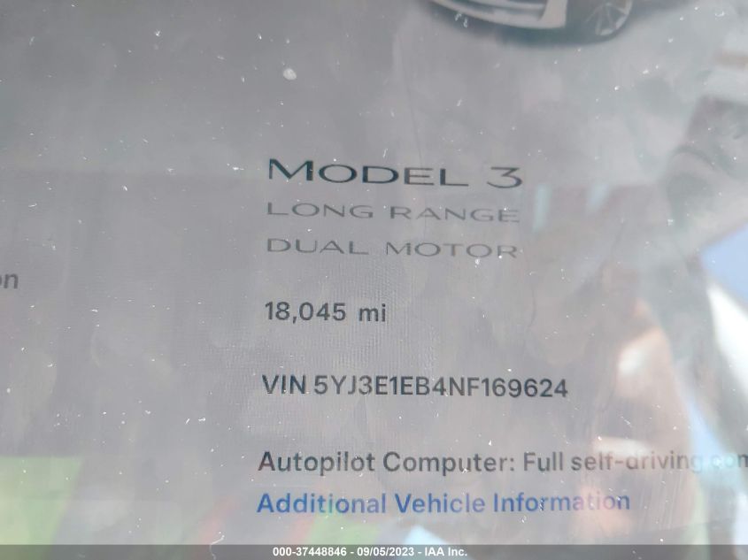 2022 TESLA MODEL 3 LONG RANGE - 5YJ3E1EB4NF169624