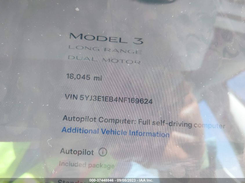 2022 TESLA MODEL 3 LONG RANGE - 5YJ3E1EB4NF169624