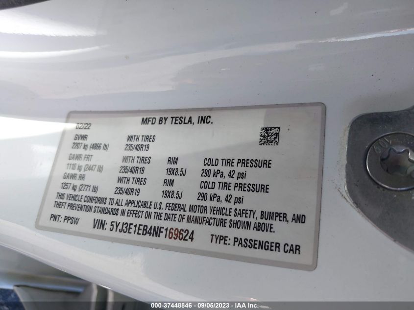 2022 TESLA MODEL 3 LONG RANGE - 5YJ3E1EB4NF169624