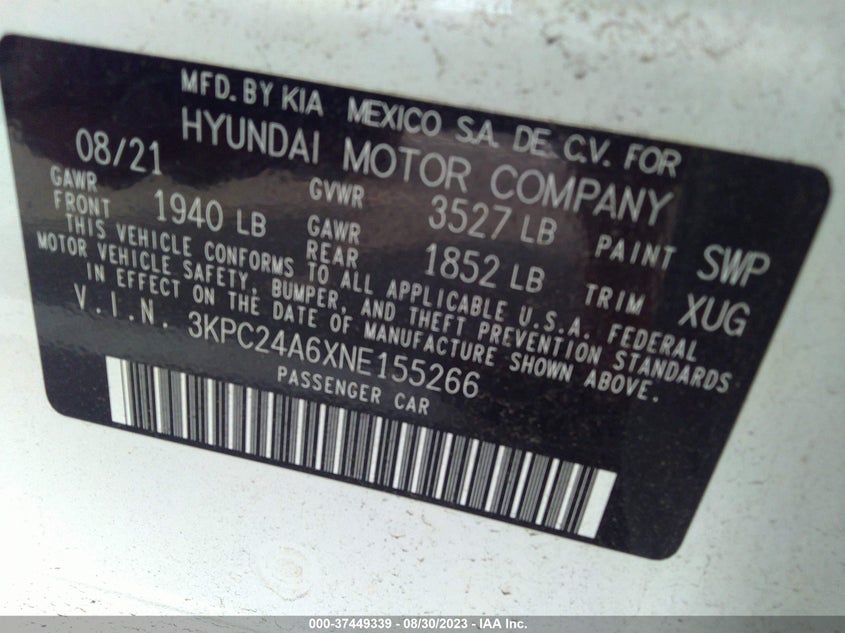 VIN 3KPC24A6XNE155266 2022 HYUNDAI ACCENT SE/SEL