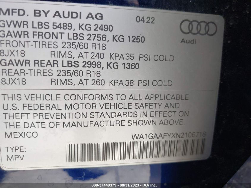 WA1GAAFYXN2106718 Audi Q5 S LINE PREMIUM 9