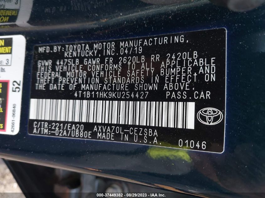 2019 TOYOTA CAMRY L/LE/XLE/SE/XSE - 4T1B11HK9KU254427