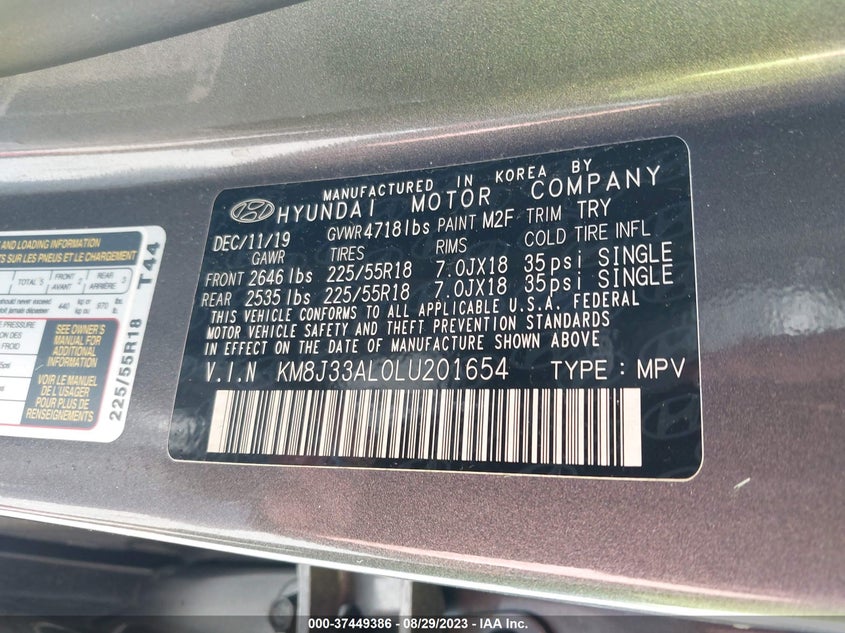 VIN KM8J33AL0LU201654 2020 HYUNDAI TUCSON LIMITED/SEL/SPORT/ULTIMAT