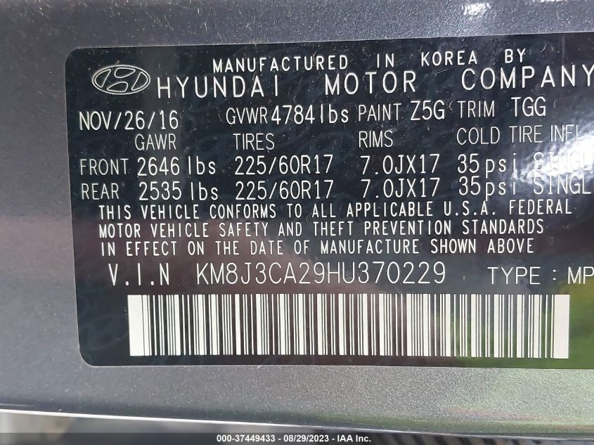 2017 HYUNDAI TUCSON LIMITED/SPORT AND ECO/SE - KM8J3CA29HU370229