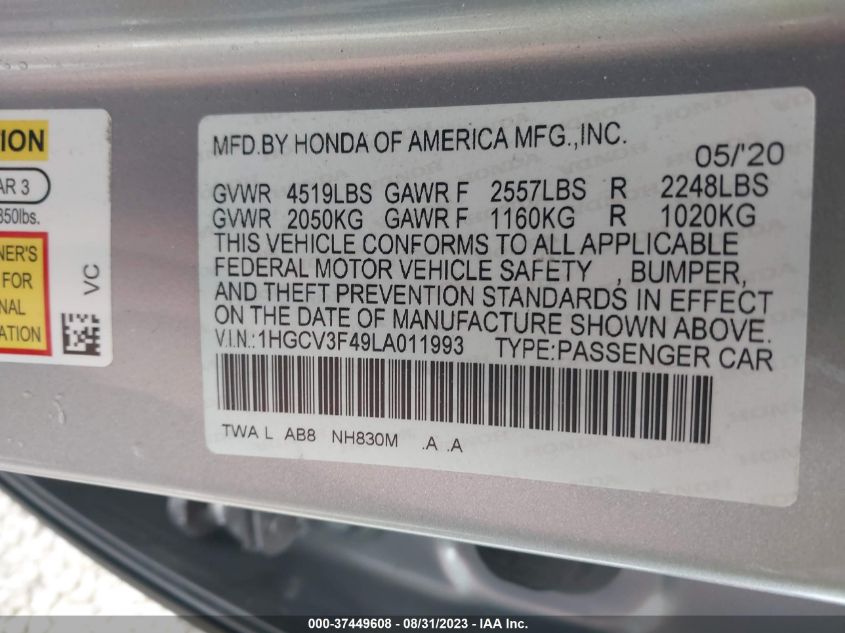 1HGCV3F49LA011993 Honda Accord Hybrid EX 9