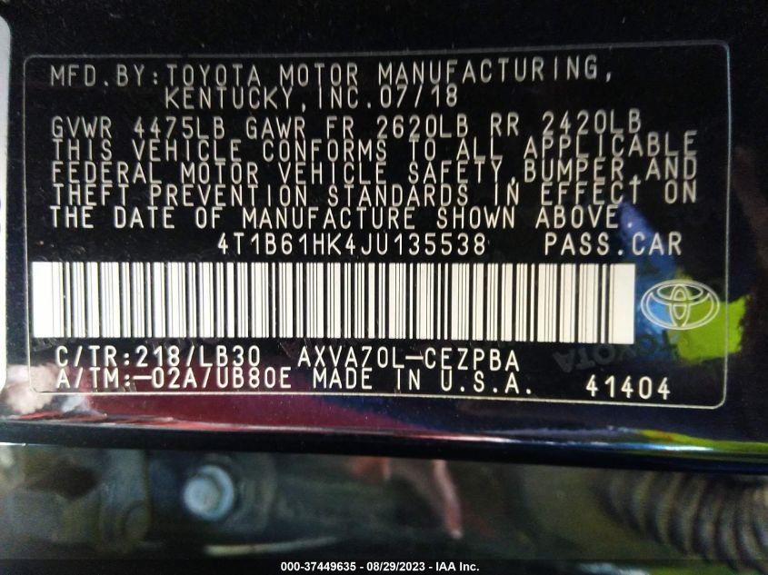 2018 TOYOTA CAMRY XSE - 4T1B61HK4JU135538