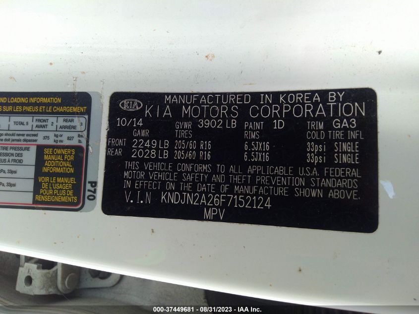 2015 KIA SOUL BASE - KNDJN2A26F7152124