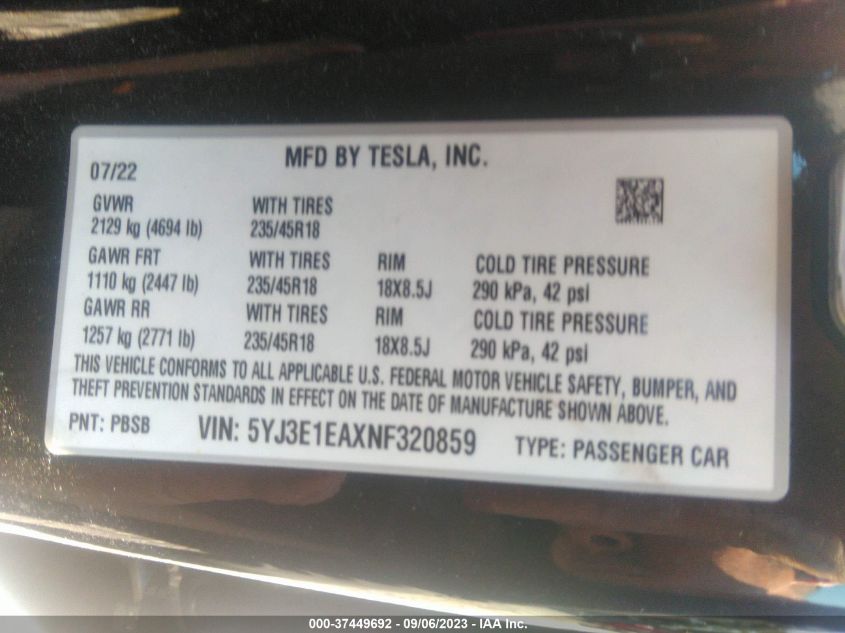 2022 TESLA MODEL 3 - 5YJ3E1EAXNF320859