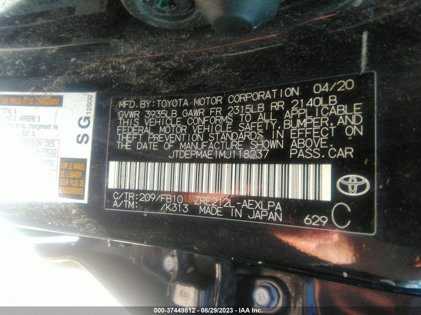 VIN JTDEPMAE1MJ118237 2021 TOYOTA COROLLA LE