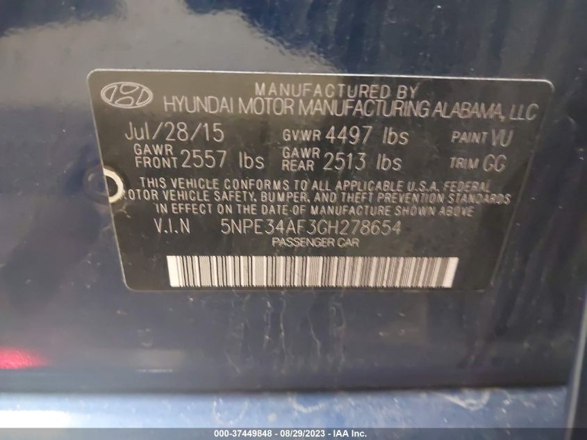 2016 HYUNDAI SONATA 2.4L LIMITED - 5NPE34AF3GH278654