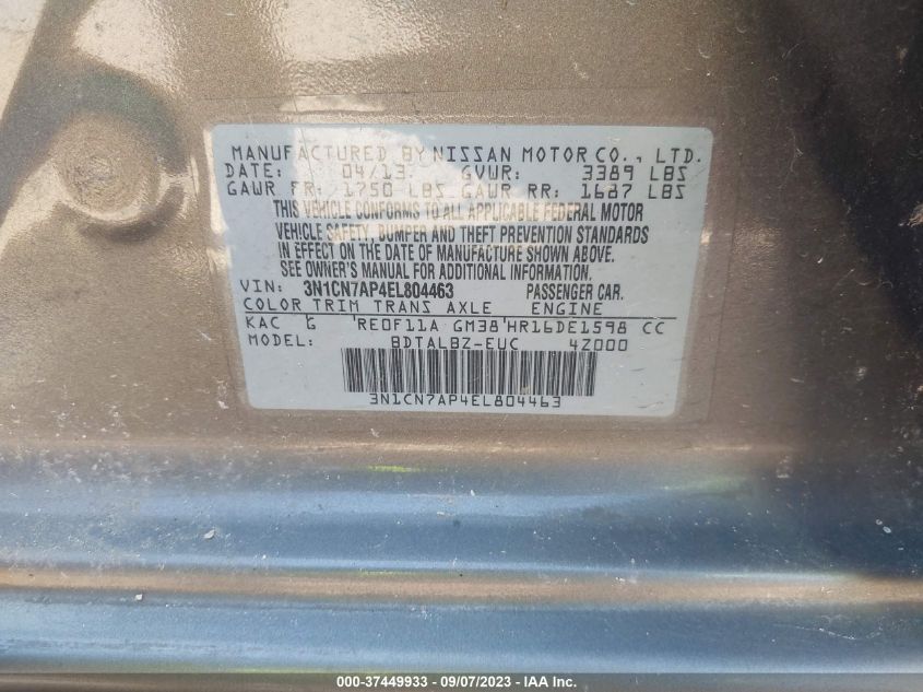 2014 NISSAN VERSA SV - 3N1CN7AP4EL804463