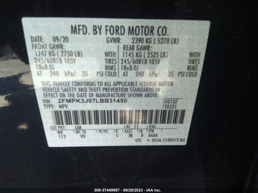 2020 FORD EDGE SEL - 2FMPK3J97LBB31450