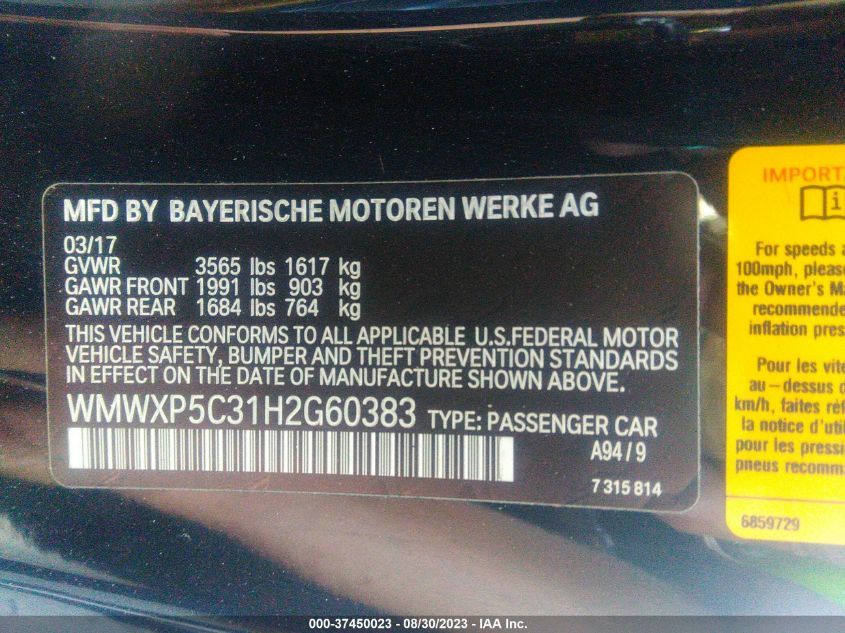 2017 MINI HARDTOP 2 DOOR COOPER WMWXP5C31H2G60383