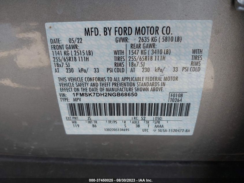 2022 FORD EXPLORER XLT - 1FMSK7DH2NGB68650