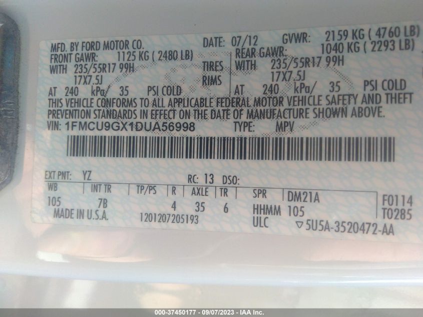 2013 FORD ESCAPE SE - 1FMCU9GX1DUA56998
